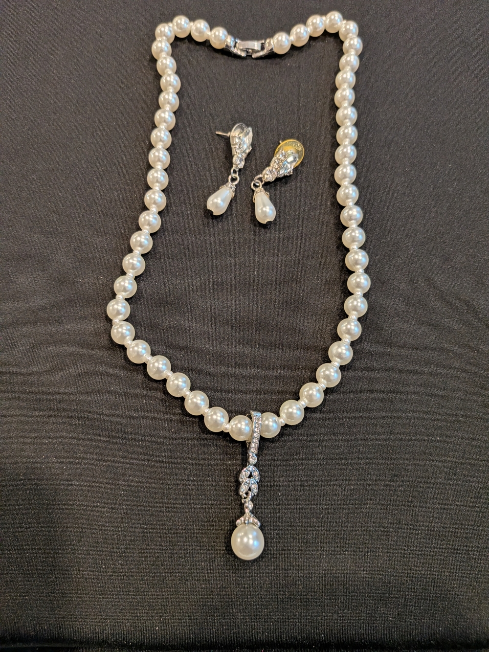 Pearl Drop Necklace 9.5" and Earrings Set - White Pearls with Silver Accents